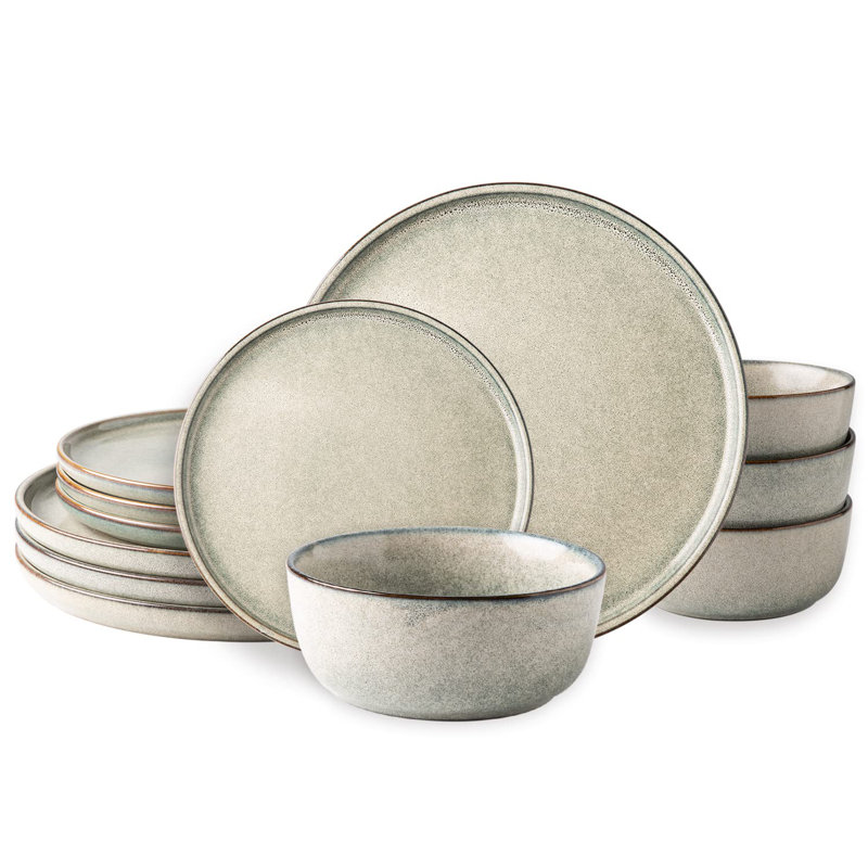 Hokku Designs Stoneware Dinnerware Sets For 4 Round Reactive Glaze Ceramic Plates And Bowls Set Highly Chip And Crack Resistant Dishwasher Microwave Safe Dishes Set Service For 4 12Pc Wayfair